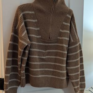Faherty Brown and Cream Striped Sweater Half Zip Sweater.